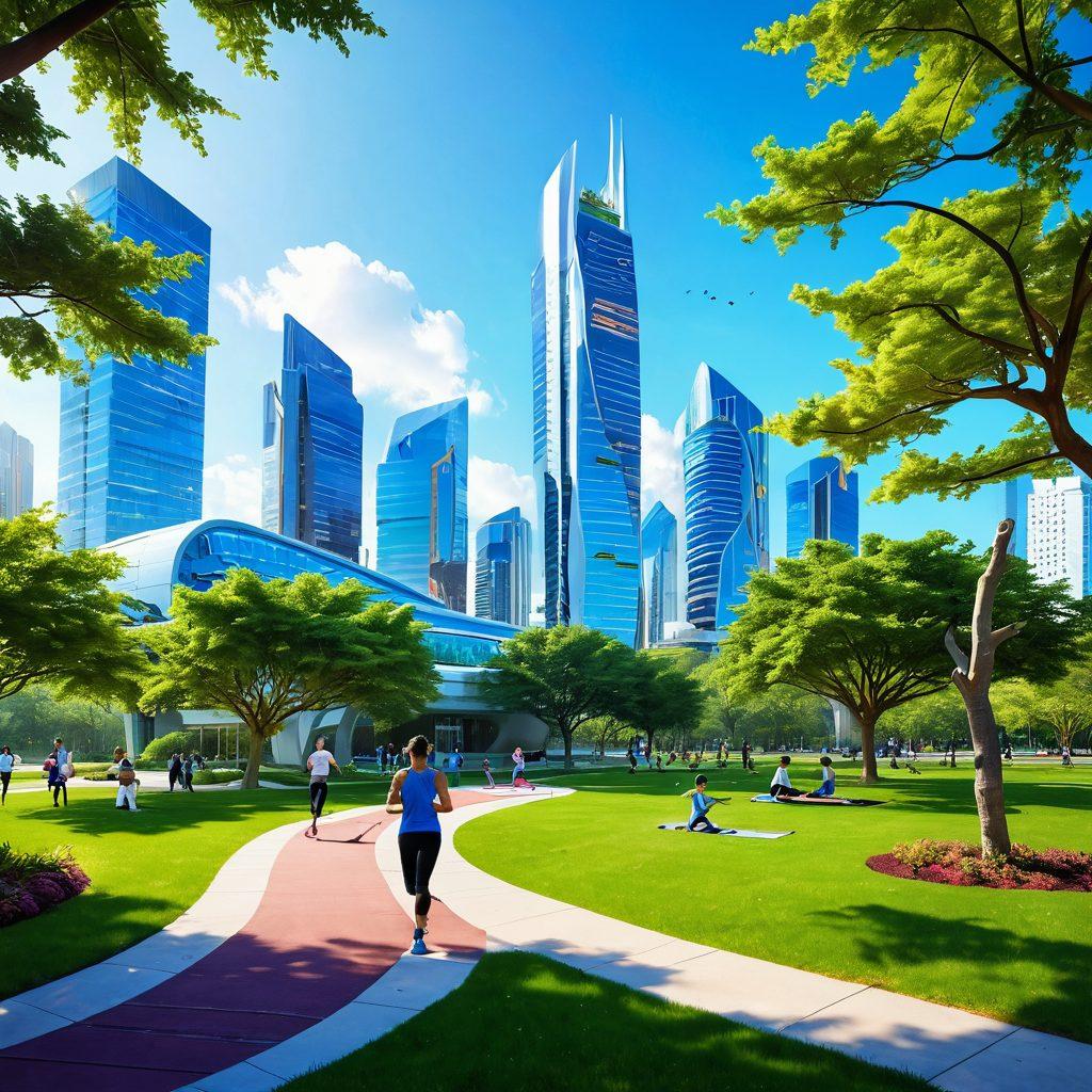 A futuristic cityscape showcasing a blend of nature and technology, with people engaging in healthy activities like jogging and yoga in a lush park overlooking medical facilities emphasizing oncology advancements. Include vibrant greenery, wellness centers, and preventive health signage promoting a healthier lifestyle. The sky is bright and hopeful, symbolizing a positive future in disease prevention. vibrant colors. super-realistic.