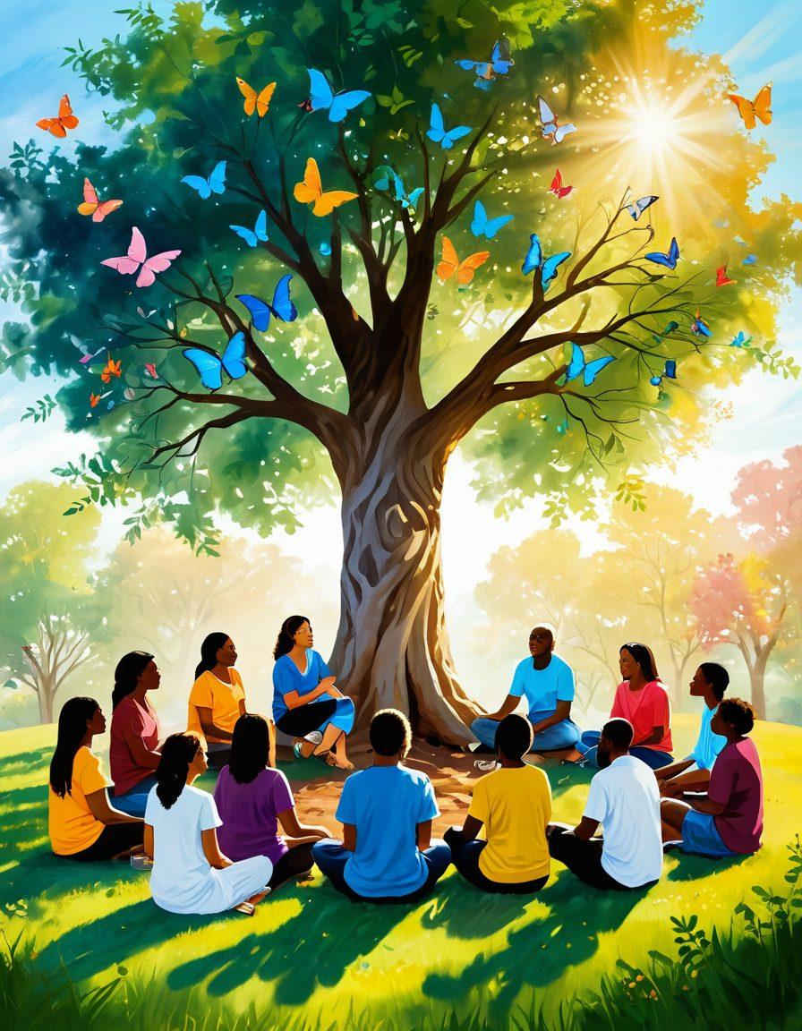 A serene landscape depicting a support group session in a peaceful setting, with diverse individuals sitting in a circle, engaged in supportive dialogue. Include symbols of healing and empowerment like a tree with strong roots and colorful butterflies fluttering around, signifying hope and transformation. The background should feature soft sunlight filtering through leaves, creating an inviting atmosphere. vibrant colors. impressionistic.